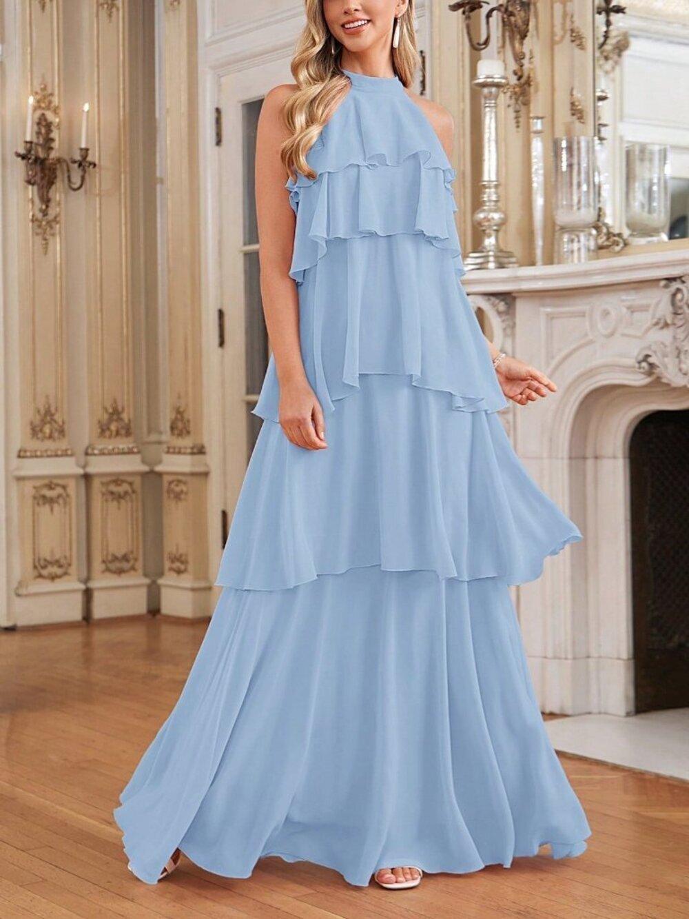 Baby Blue Elegant Women's Halter Neck Layered Ruffle Dress